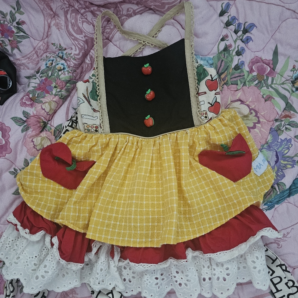 Yellow and Red Apple-Themed School Dress
